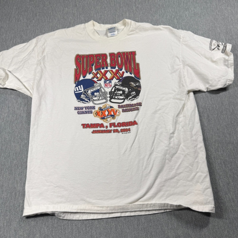 M&O Knits Shirt Mens 2XL White Super Bowl XXXV 2001 Ravens Giants Graphic VTG